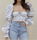 Custom Apparel Factory Women'S Casual Floral Print Square Neck Back Zipper Bell Long Sleeve Crop Top Blouse