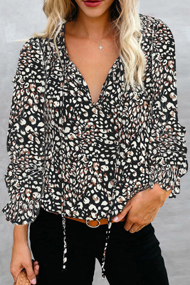 Chiffon Printed 100% Polyester Women'S V Neck Long Sleeves Shirt